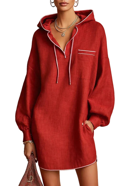 Women's Mini Dress Bohemian Hooded Drawstring 0