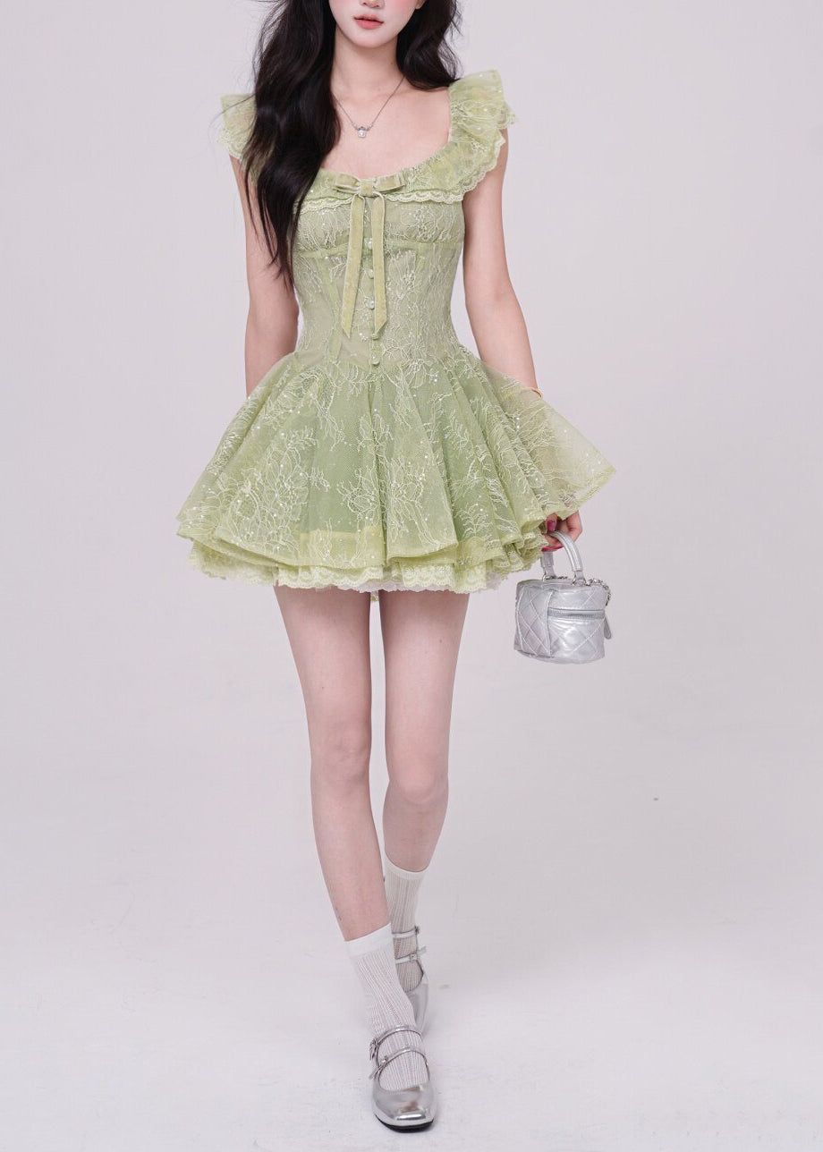 Women's Mini Dress Boho Style with Square Collar and Bow Detail 1