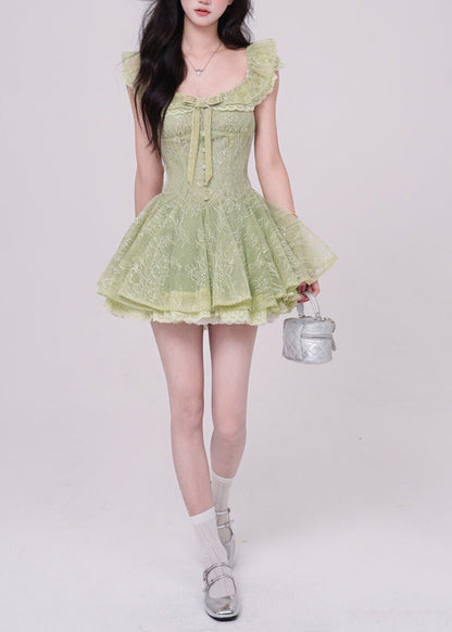 Women's Mini Dress Boho Style with Square Collar and Bow Detail 1