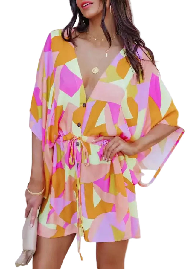 Women's Mini Dress Cinched Print Batwing Sleeve 0