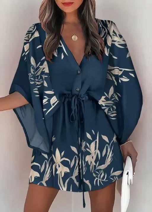 Women's Mini Dress Cinched Print Batwing Sleeve 1