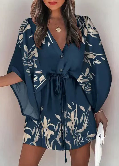 Women's Mini Dress Cinched Print Batwing Sleeve 1