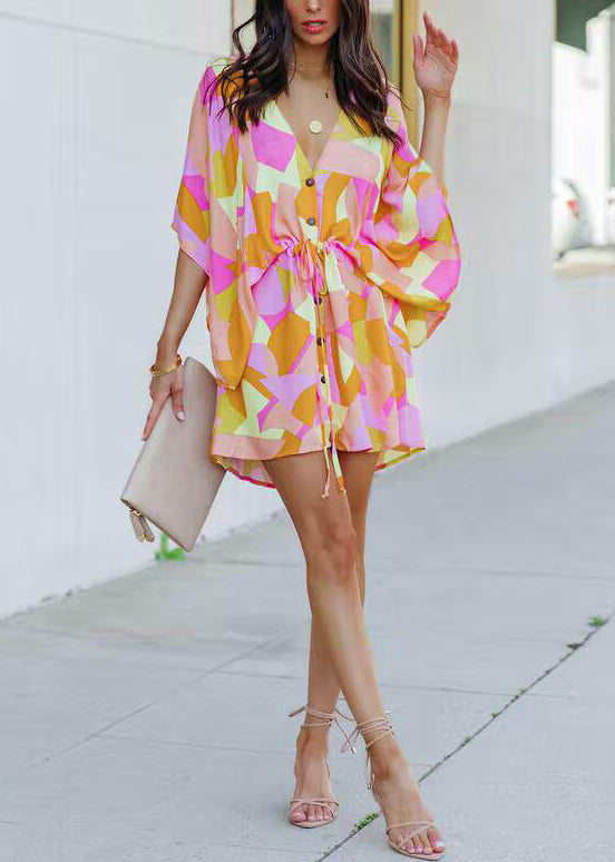 Women's Mini Dress Cinched Print Batwing Sleeve 2