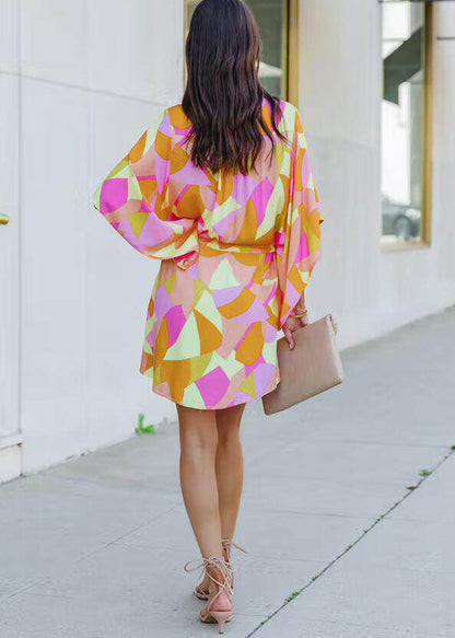 Women's Mini Dress Cinched Print Batwing Sleeve 4