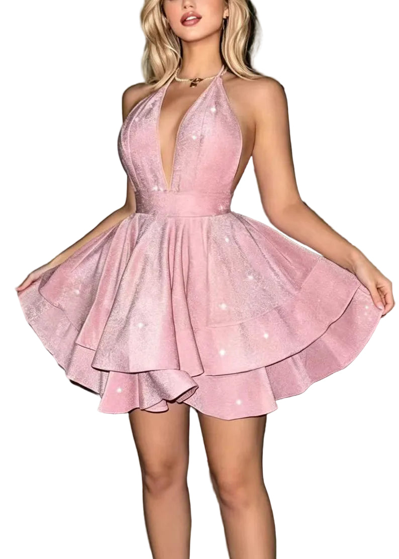 Women's Mini Dress Layered Halter Backless 0