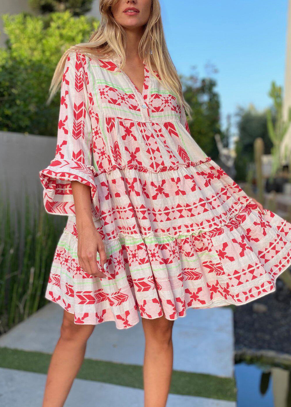 Women's Mini Dress Oversized Print Bracelet Sleeve 0