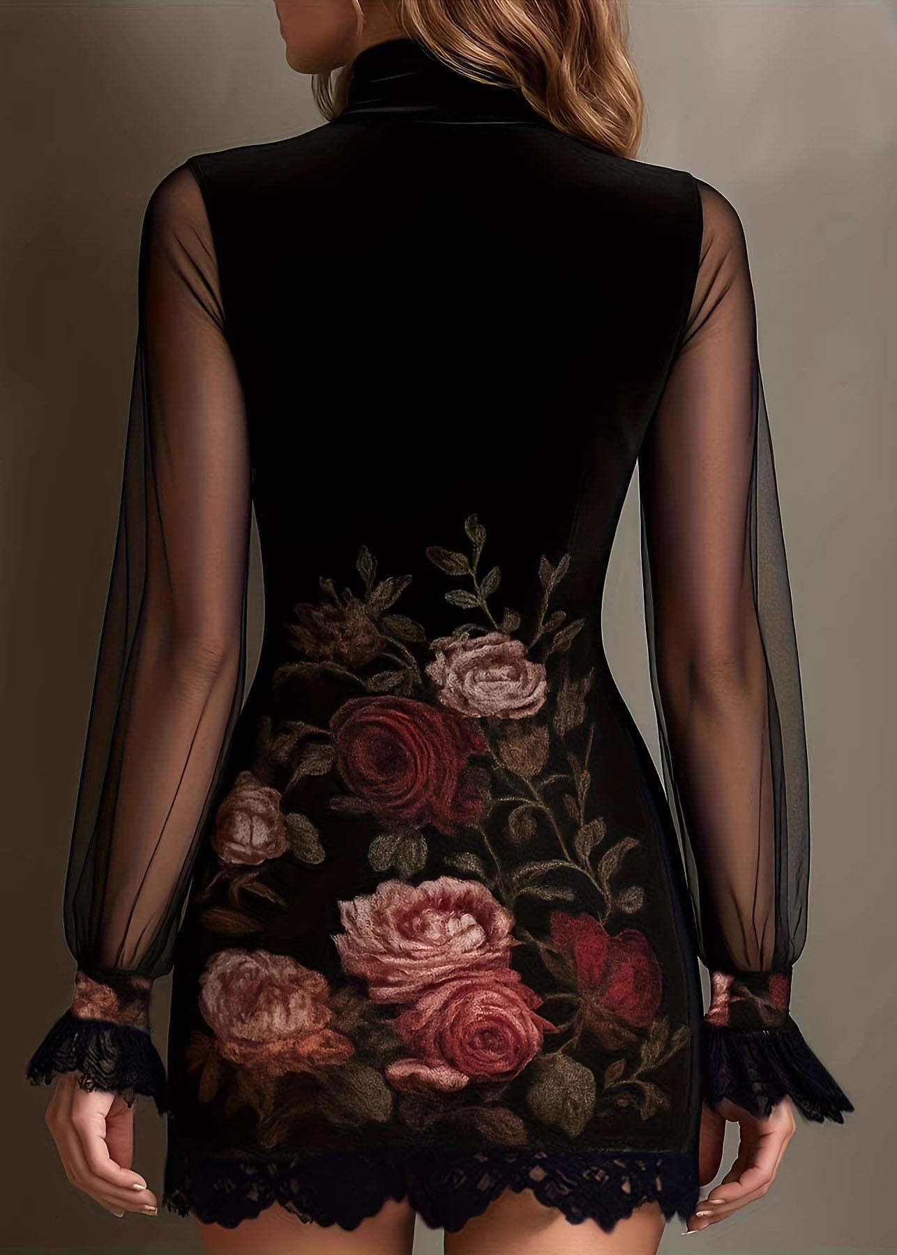 Women's Mini Dress Patchwork Tulle Lace Long Sleeve 4