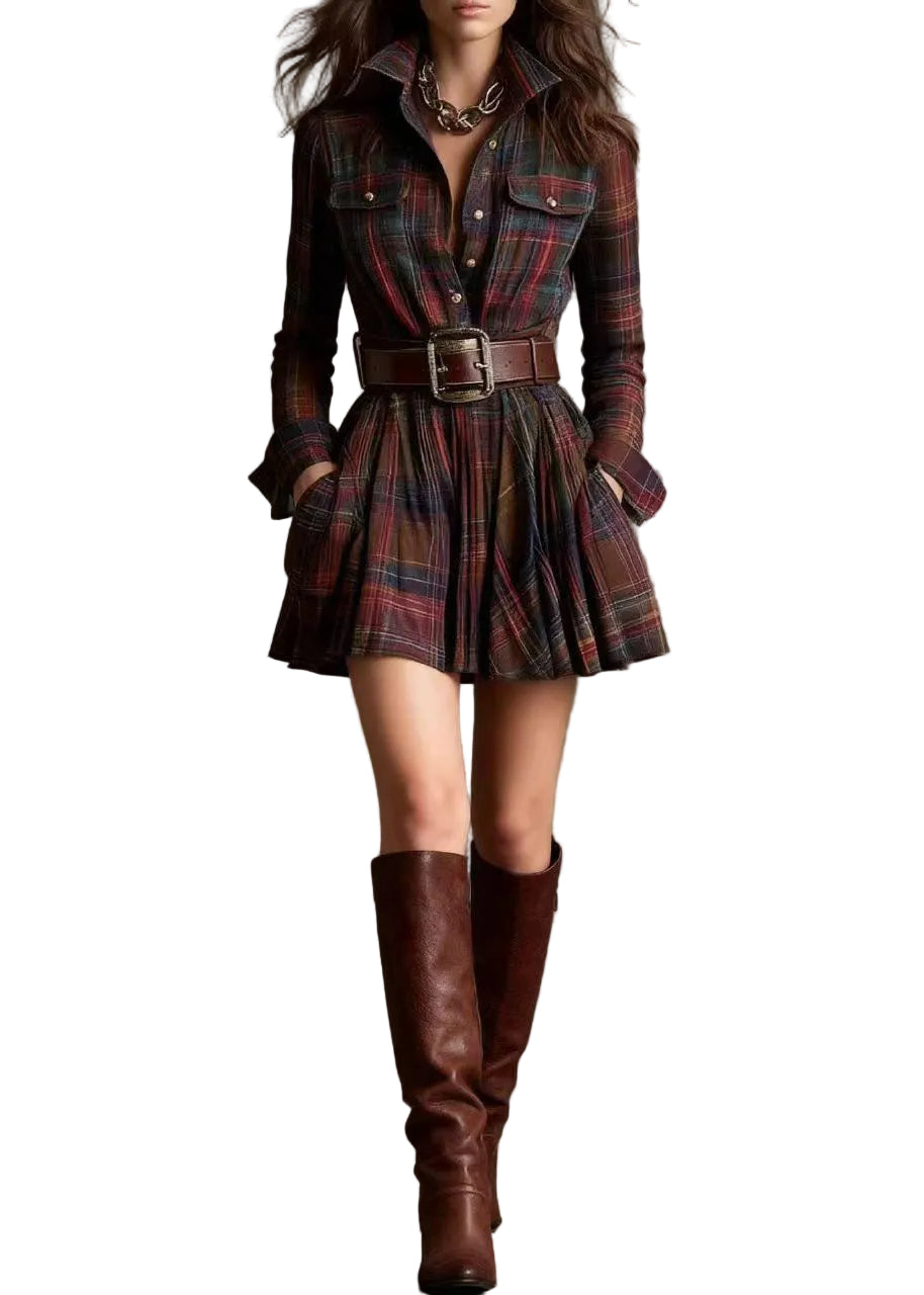 Women's Mini Dress Plaid Peter Pan Collar Long Sleeve 0