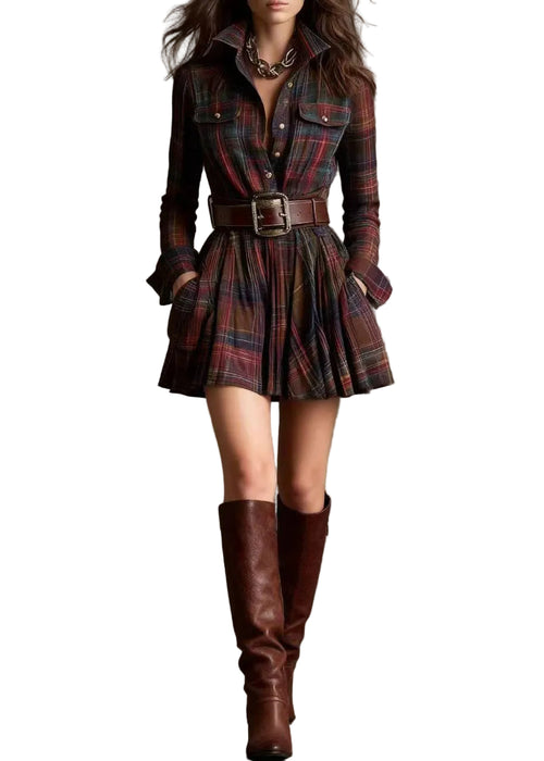 Women's Mini Dress Plaid Peter Pan Collar Long Sleeve 0