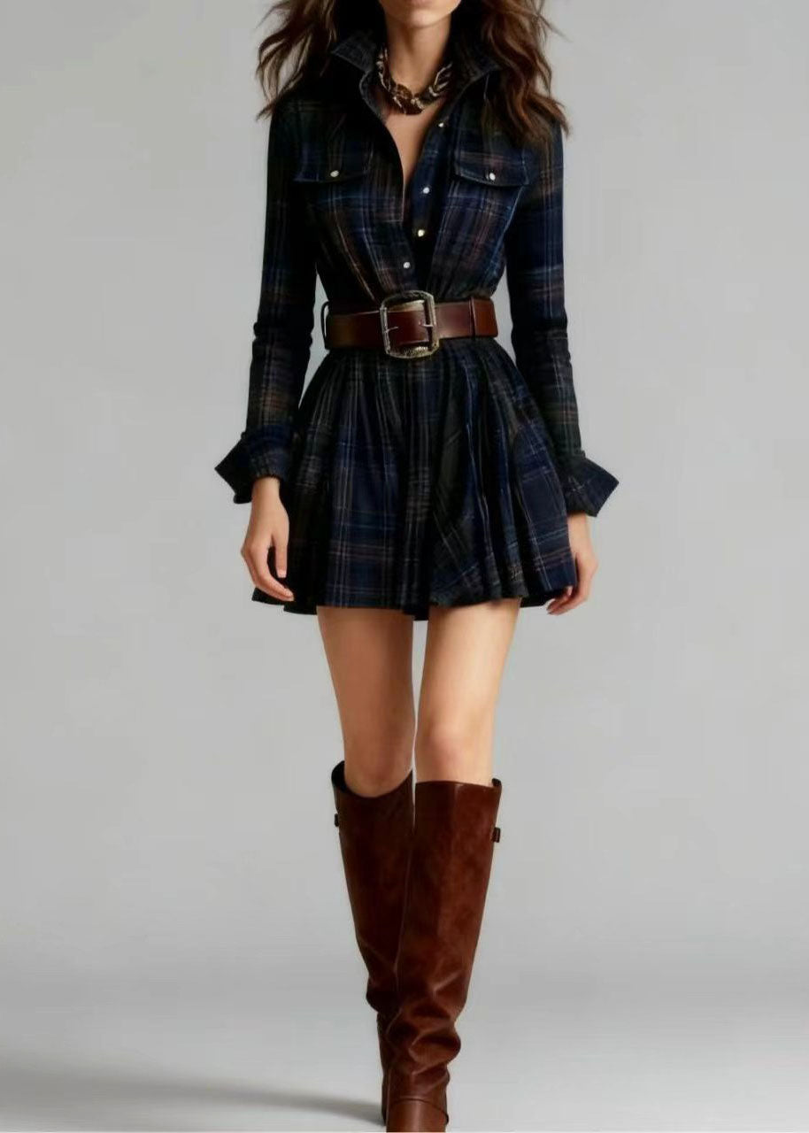 Women's Mini Dress Plaid Peter Pan Collar Long Sleeve 1