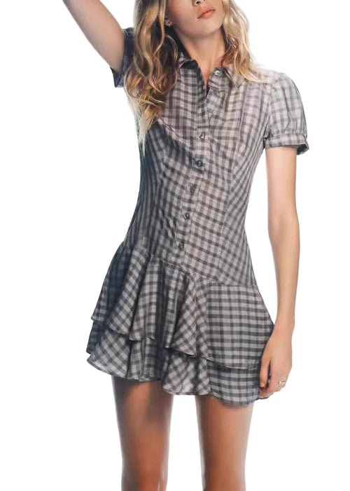 Women's Mini Dress Plaid Peter Pan Collar Short Sleeve 0