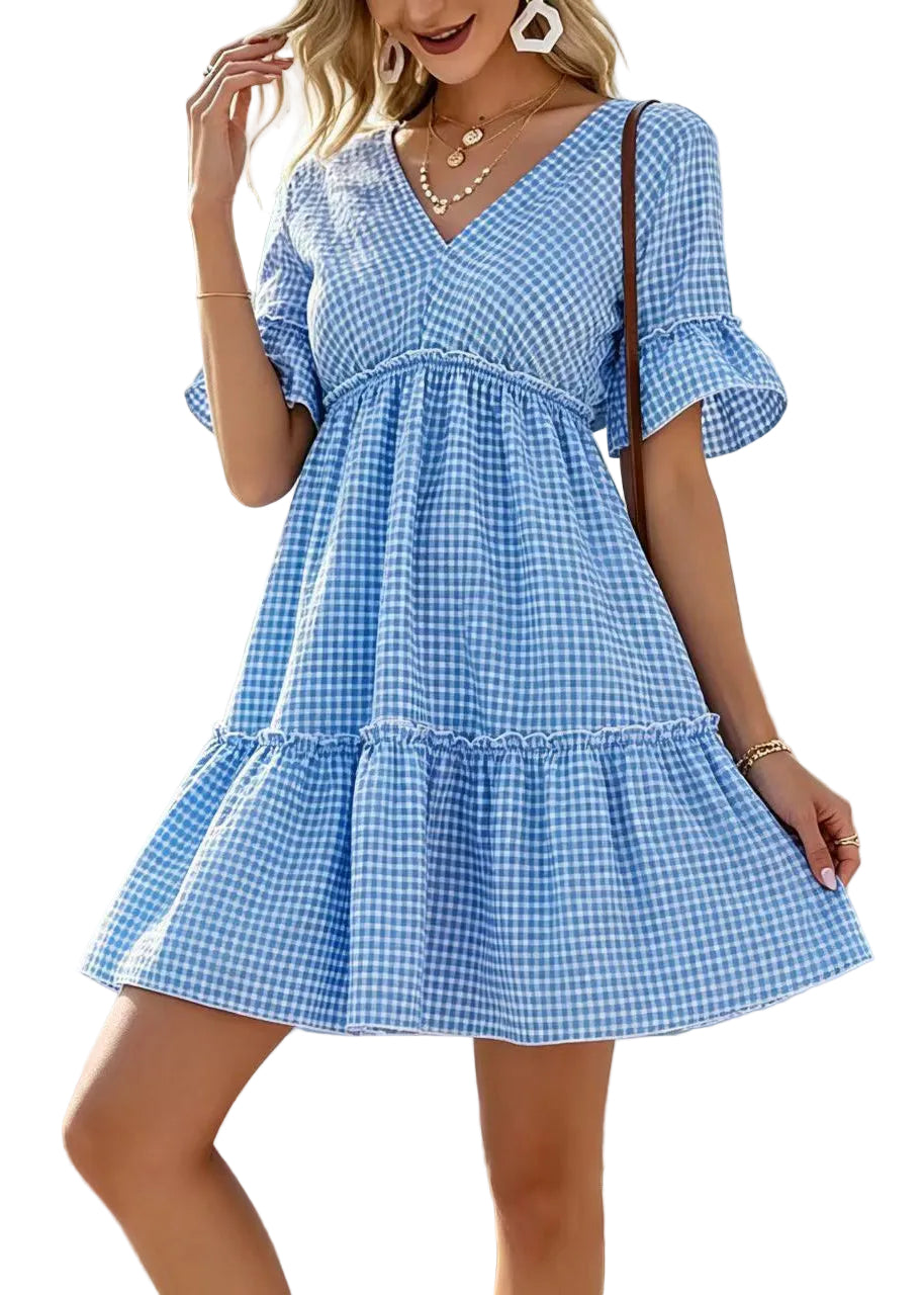 Women's Mini Dress Plaid V Neck Lace-Up 0