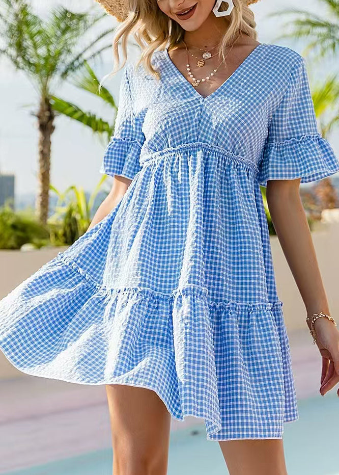 Women's Mini Dress Plaid V Neck Lace-Up 1