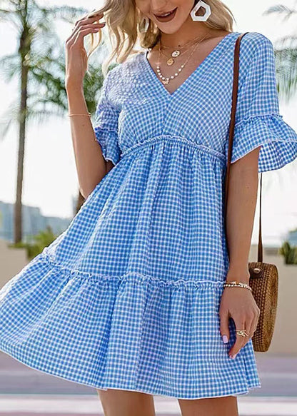 Women's Mini Dress Plaid V Neck Lace-Up 2
