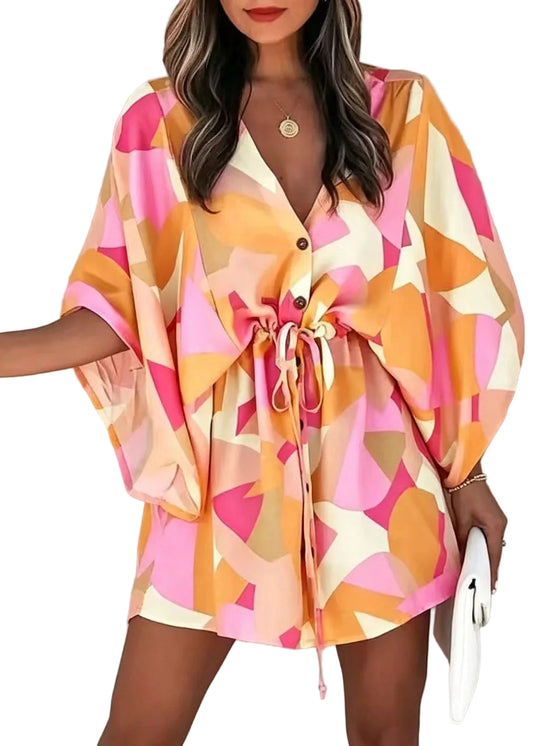 Women's Mini Dress Tie Waist Batwing Sleeve 0