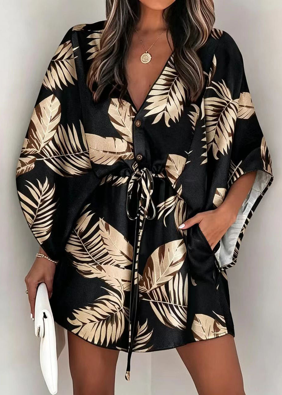 Women's Mini Dress Tie Waist Batwing Sleeve 3