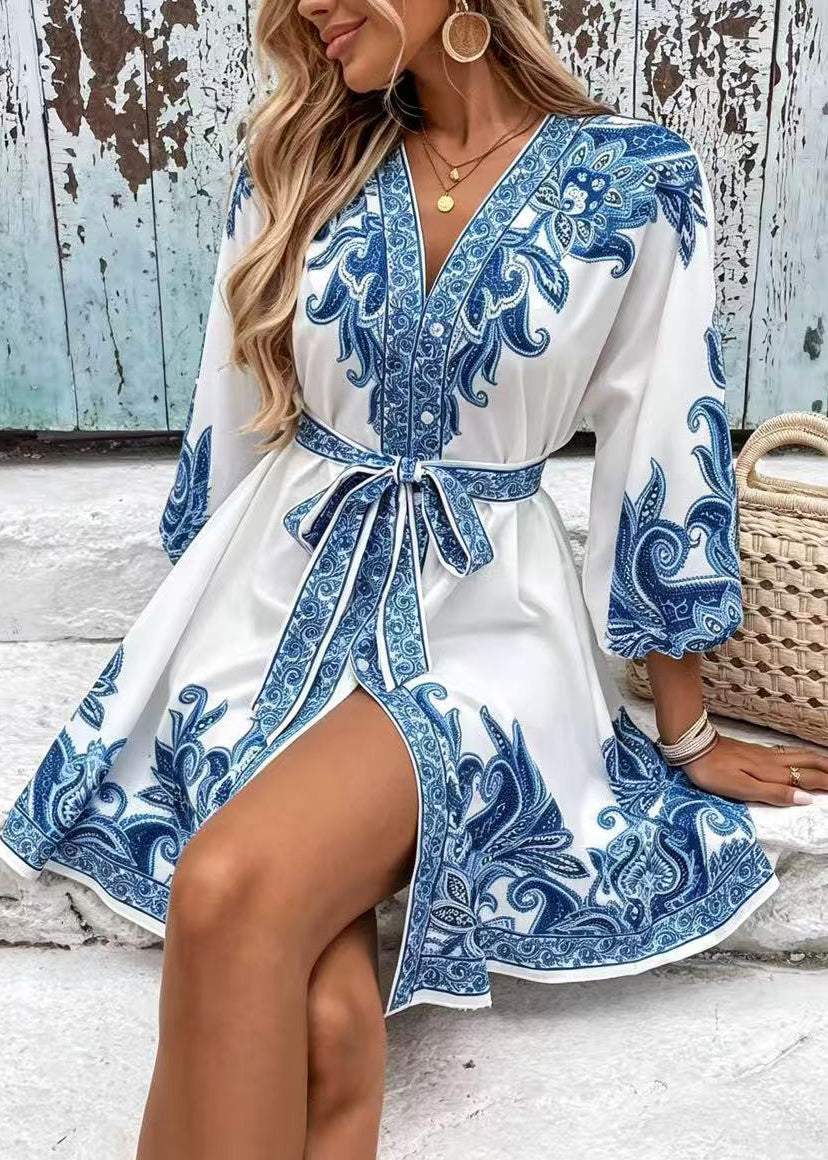 Women's Mini Dress Tie Waist Printed Summer Style 0