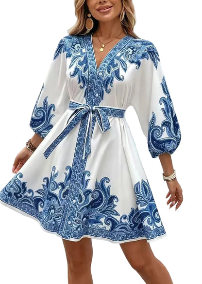 Women's Mini Dress Tie Waist Printed Summer Style 1