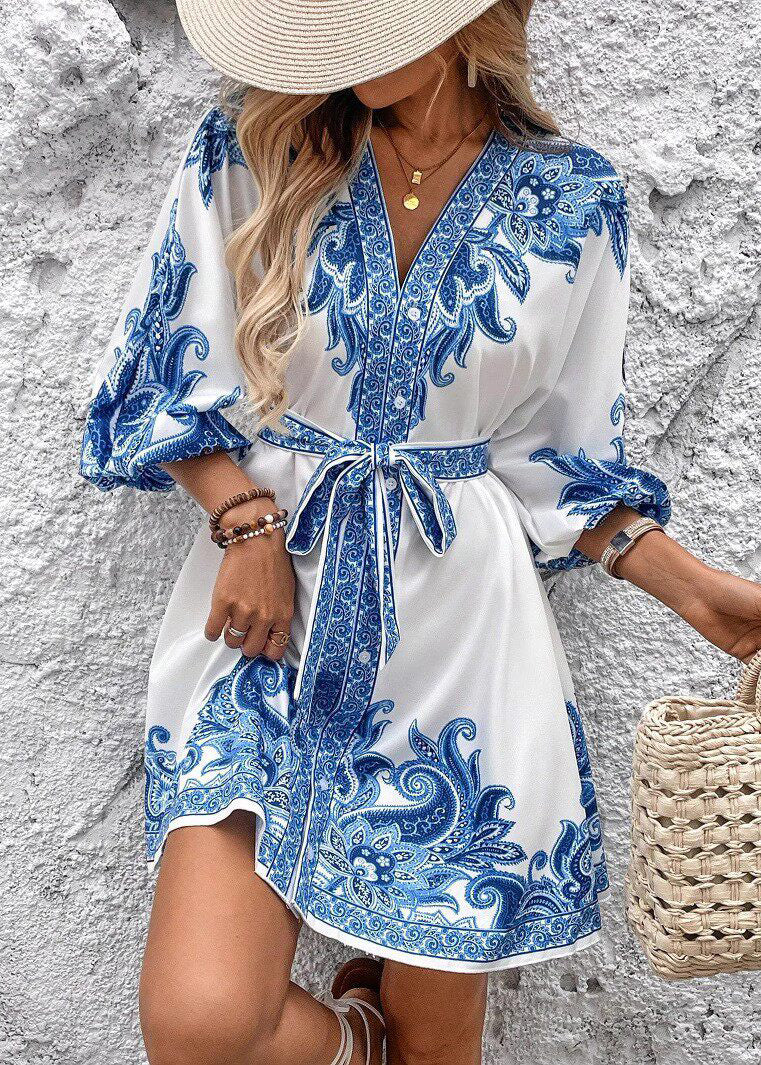 Women's Mini Dress Tie Waist Printed Summer Style 2