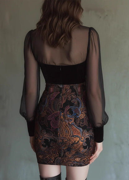 Women's Mini Dress V Neck Patchwork Mesh Long Sleeve 3