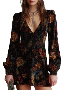 Women's Mini Dress V Neck Printed Long Sleeve 0