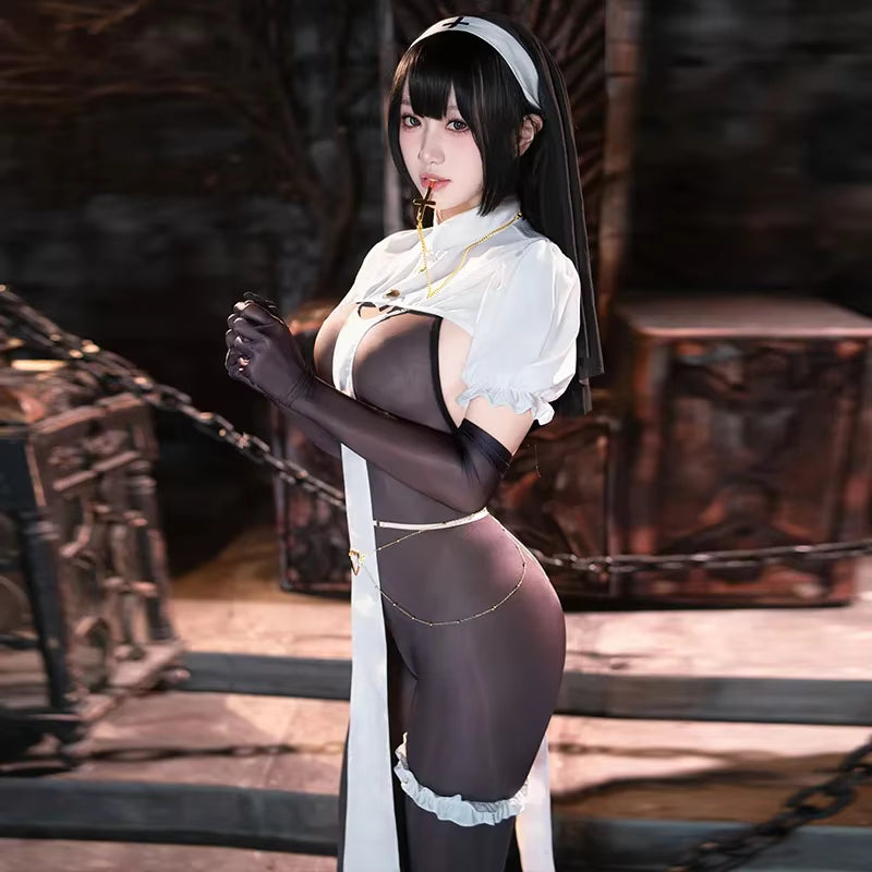 Women's Nun Cosplay Jumpsuit Sheer Style 1