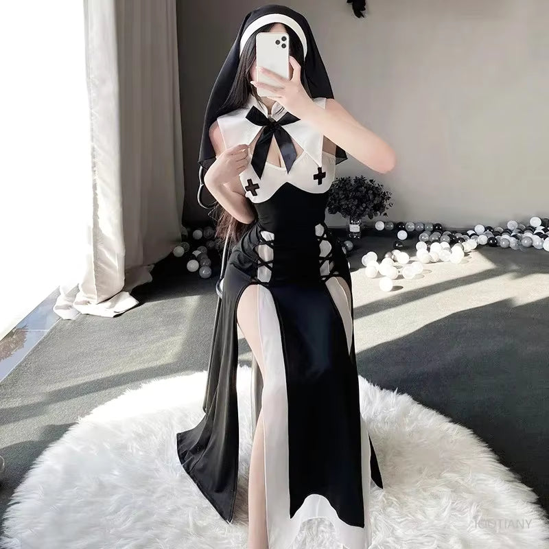 Women's Nun Costume Roleplay Dress with Headscarf 0