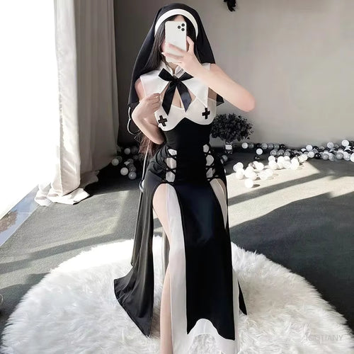 Women's Nun Costume Roleplay Dress with Headscarf 0