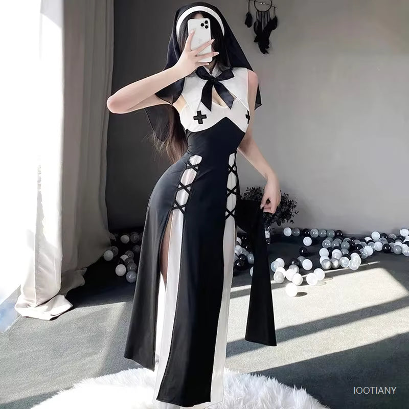 Women's Nun Costume Roleplay Dress with Headscarf 1