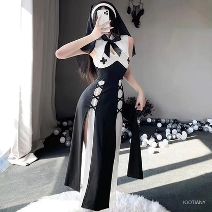 Women's Nun Costume Roleplay Dress with Headscarf 1