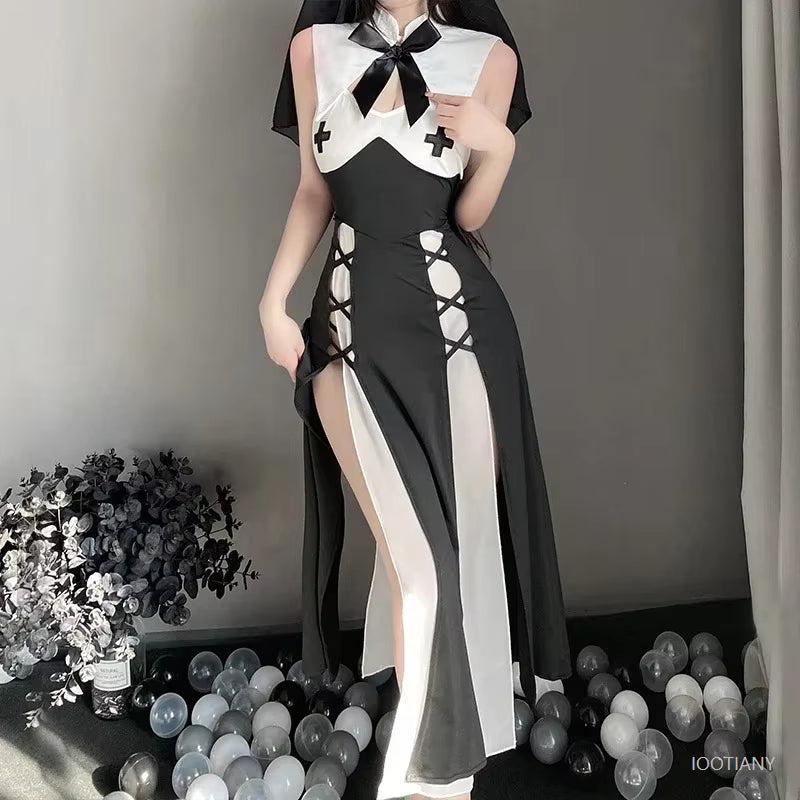 Women's Nun Costume Roleplay Dress with Headscarf 2