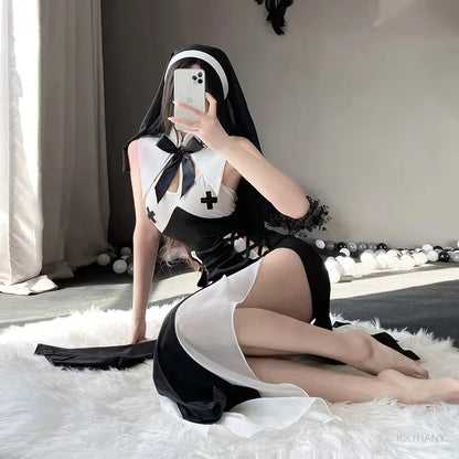 Women's Nun Costume Roleplay Dress with Headscarf 4