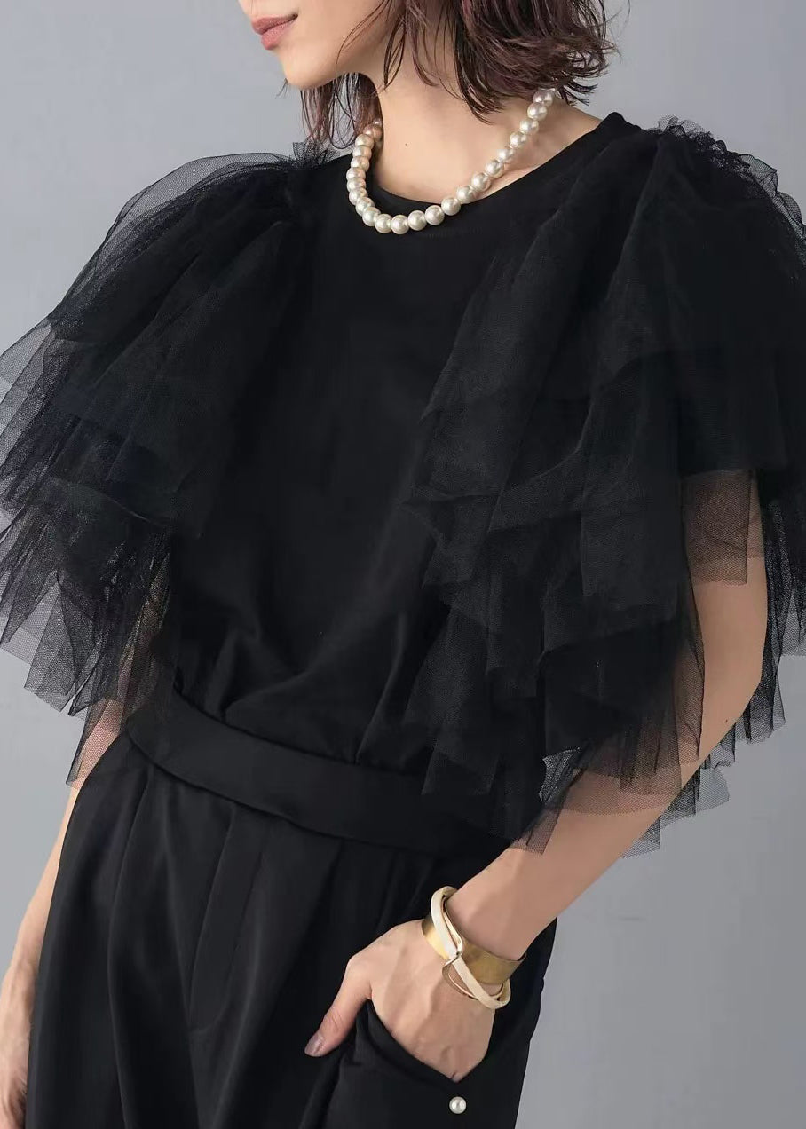 Women's O-Neck Patchwork Tulle Shirt Summer Style 0
