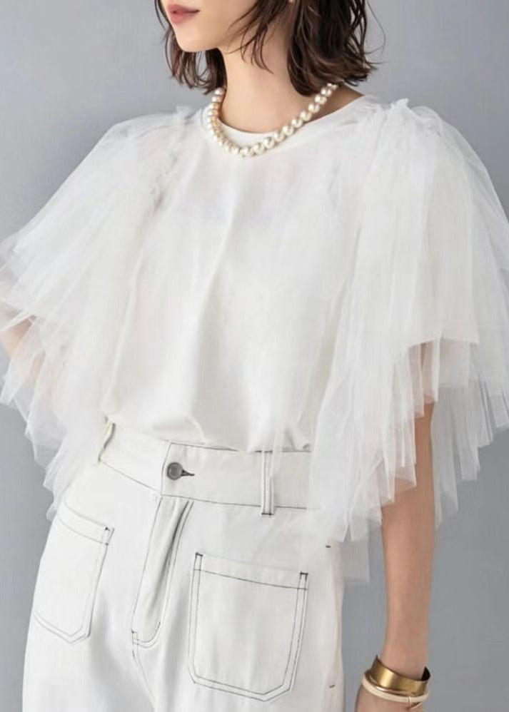 Women's O-Neck Patchwork Tulle Shirt Summer Style 1