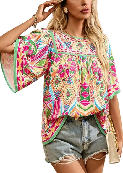Women's O-Neck Shirt Wrinkled Print Summer Style 0