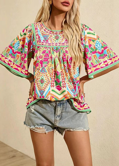 Women's O-Neck Shirt Wrinkled Print Summer Style 1