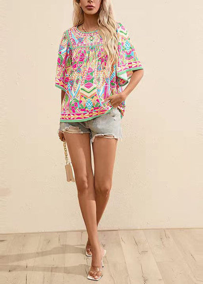 Women's O-Neck Shirt Wrinkled Print Summer Style 2