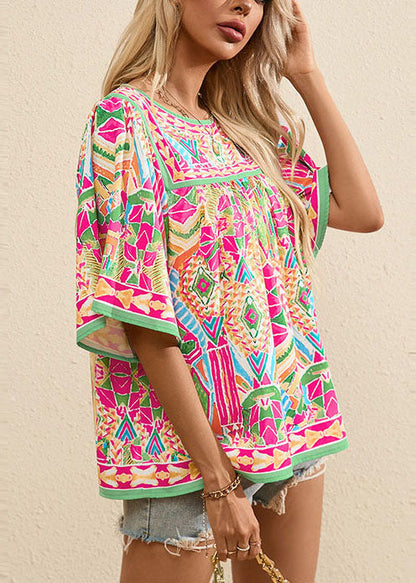 Women's O-Neck Shirt Wrinkled Print Summer Style 3