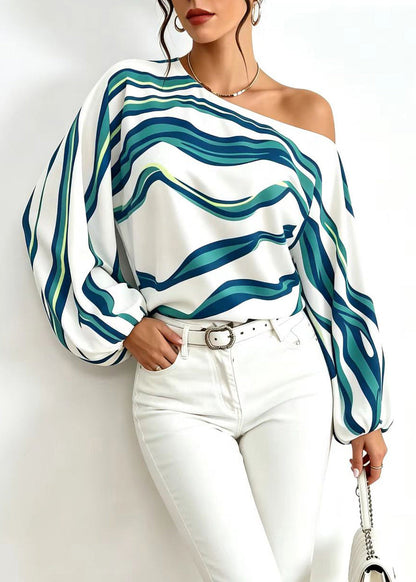 Women's One Shoulder Blouse Long Sleeve Striped 2
