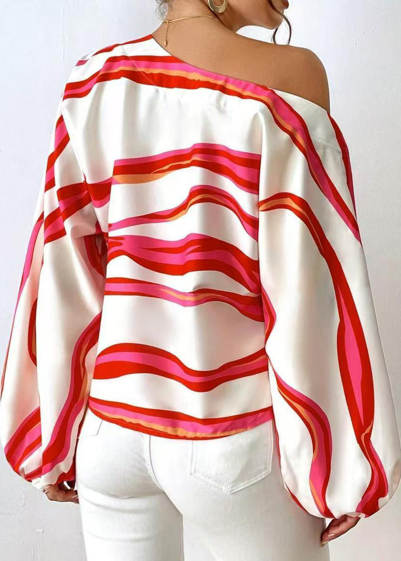 Women's One Shoulder Blouse Long Sleeve Striped 3
