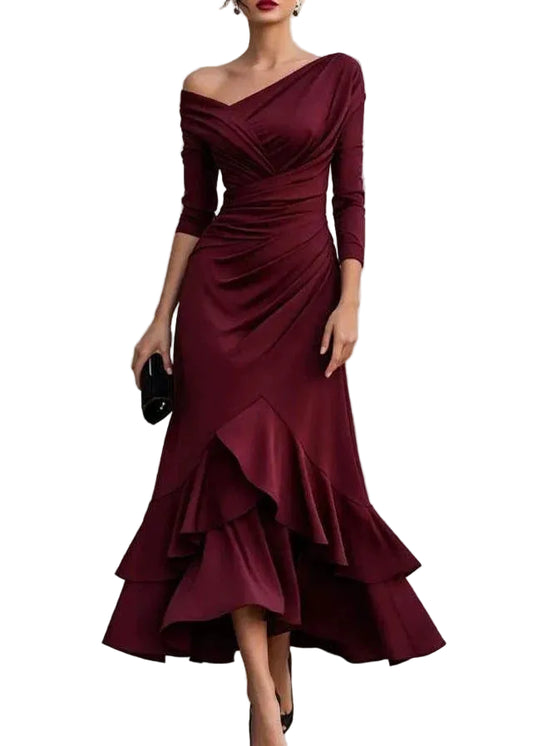 Women's One Shoulder Dress Ruched Layered Ruffled Style 0