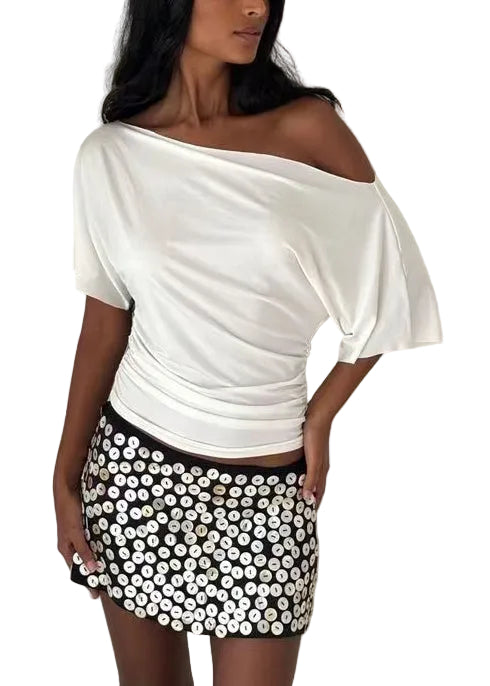 Women's One Shoulder Shirt Short Sleeve Wrinkled Style 0