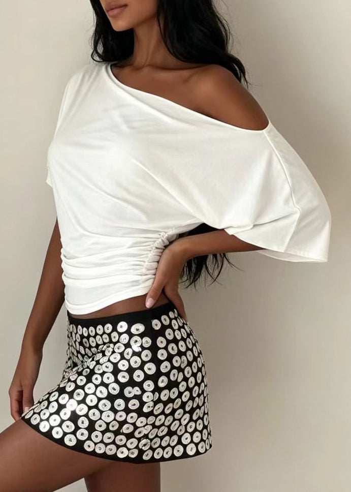 Women's One Shoulder Shirt Short Sleeve Wrinkled Style 3
