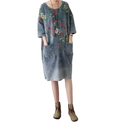 Women's Oversize Denim Dress Casual Floral Shirt Style 0