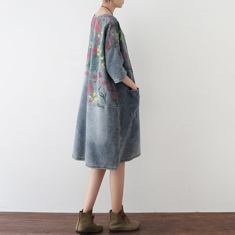 Women's Oversize Denim Dress Casual Floral Shirt Style 1