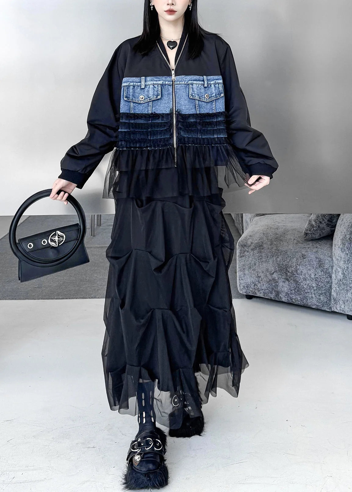 Women's Oversized Denim Coat Patchwork Style 2