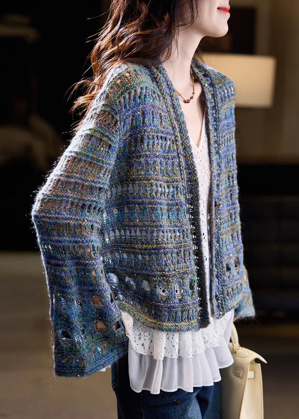 Women's Oversized Knit Coat Hollow Out Loose Fit 0
