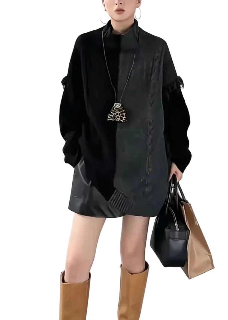 Women's Oversized Knit Sweater Turtleneck Colorblock Fringe 0