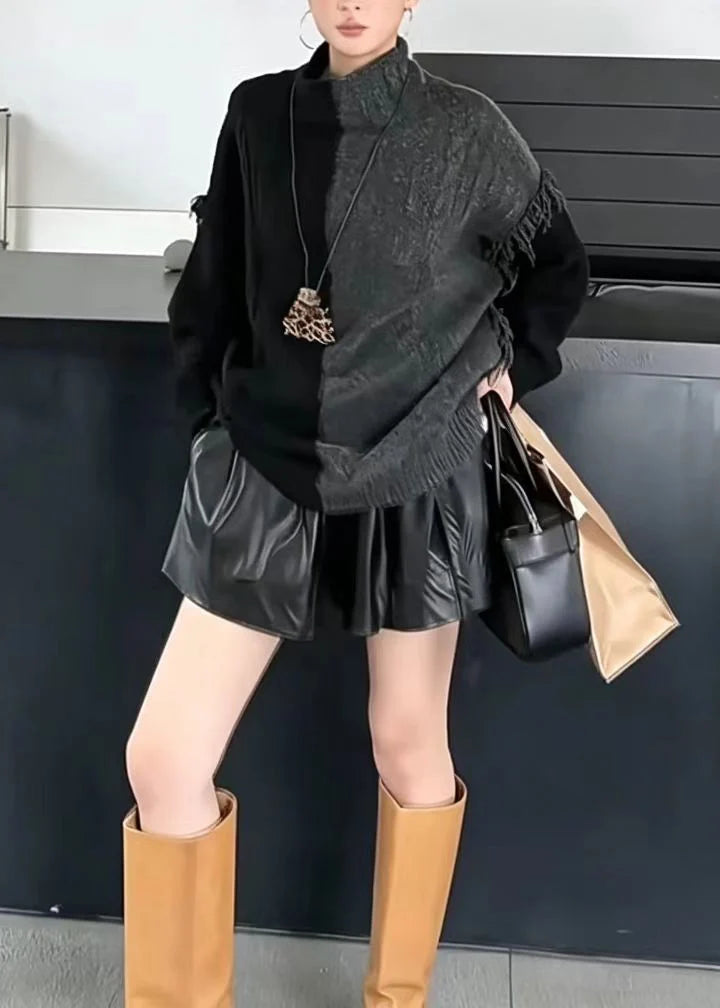 Women's Oversized Knit Sweater Turtleneck Colorblock Fringe 1
