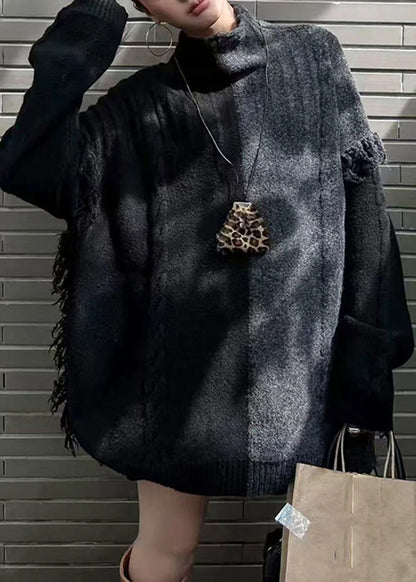 Women's Oversized Knit Sweater Turtleneck Colorblock Fringe 2